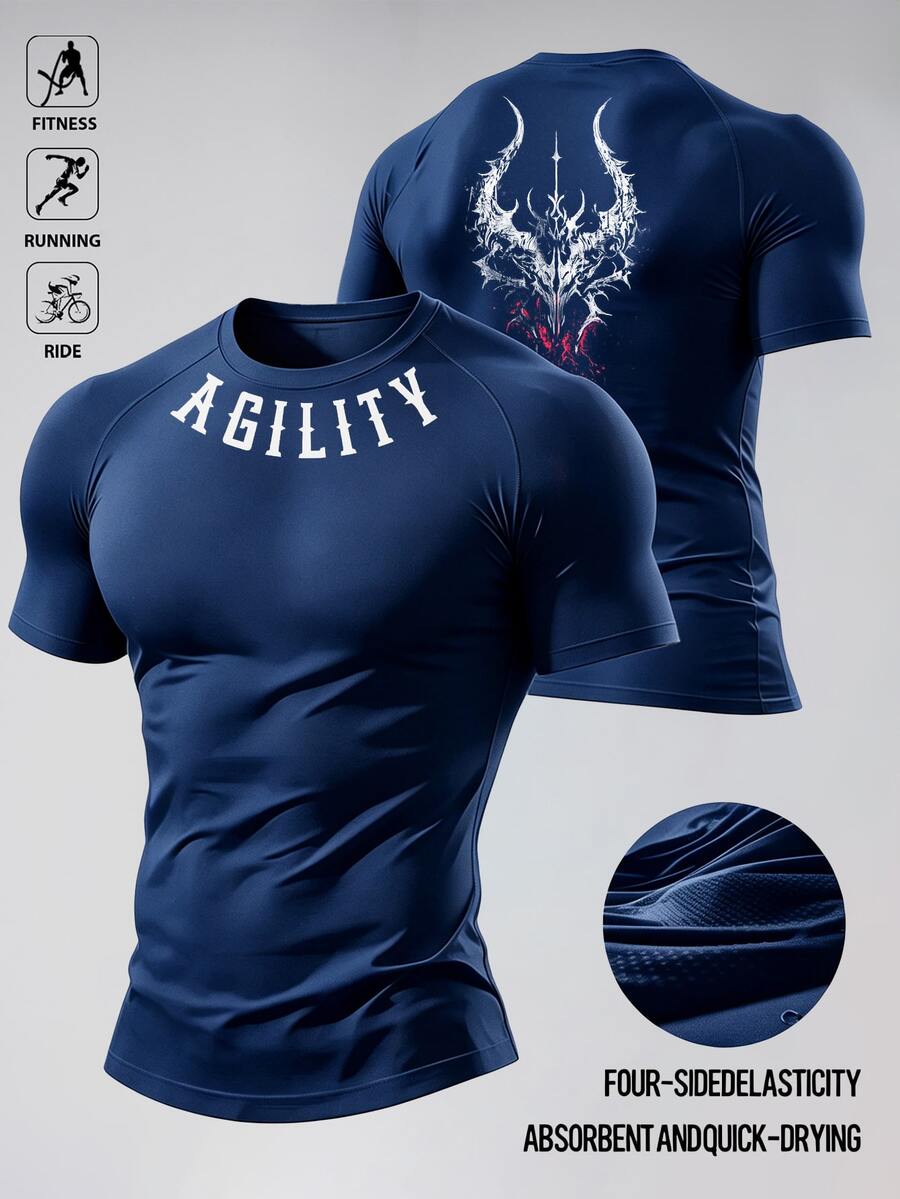 Acti Log Kaos Olahraga Kompresi Lengan Pendek Raglan Pria Warna Hitam dengan Motif Huruf untuk Musim Panas, Cocok untuk Kebugaran, Lari, Bersepeda, dan Gym. - Biru - View 1
