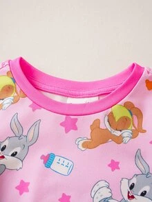 LOONEY TUNES X SHEIN Baby Girl Cartoon Print Short Sleeve Top And Shorts Loungewear Set - Multicolor - View 3