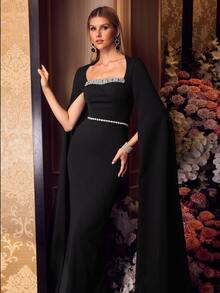MOTF Soiréza ELEGANT WOMEN SQUARE NECK BEADED DETAIL DRAMA SLEEVE MAXI GOWN FOR FORMAL EVENING PARTY, GALAS - Black - View 5