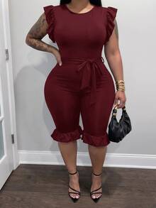 Slaydiva Women's Ruffle Sleeveless Fitted Cropped Jumpsuit With Belt, Black - Burgundy - View 4