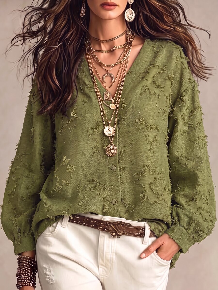 Breezaya Women's V-Neck Casual Versatile Long Sleeve Shirt For Daily Wear - Green - View 1