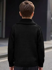 SHEIN 兒童青少年男孩休閒日常百搭舒適半鈕扣長袖套頭針織毛衣，純色，適合通勤、上學、日常休閒、度假、旅行、運動、秋冬、返校、外出 - 黑色 - 查看 2