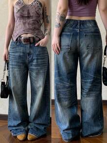 Dazy Plus Low Waist Straight Leg Distressed Washed Vintage Cat Whisker Faded Denim Fabric Loose Street Style Wide Leg Floor Length Jeans - Dark Wash - View 1