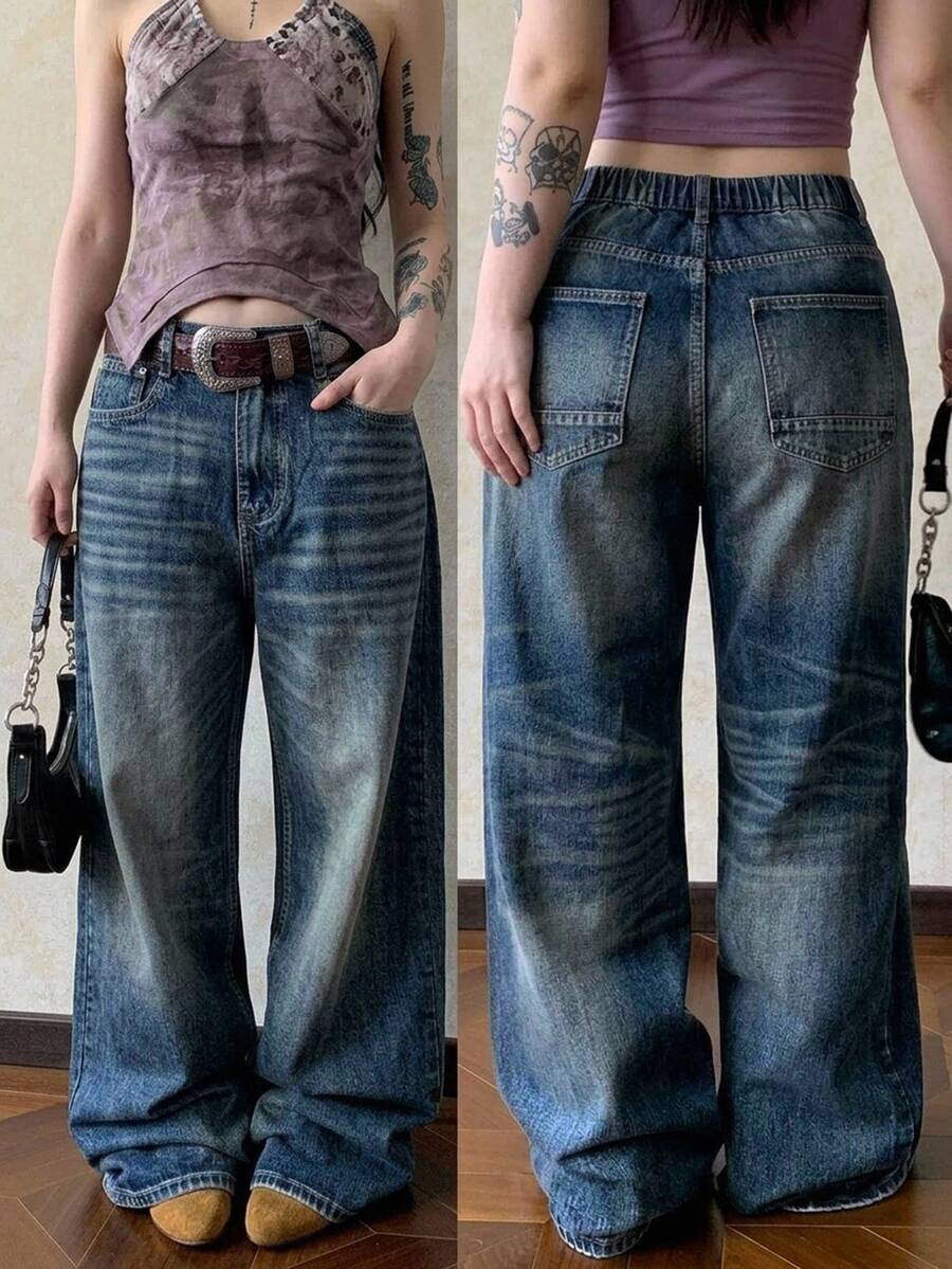 Dazy Plus Low Waist Straight Leg Distressed Washed Vintage Cat Whisker Faded Denim Fabric Loose Street Style Wide Leg Floor Length Jeans - Dark Wash - View 1