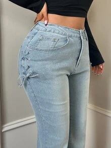 Dazy Plus Elastic Skinny Sexy Elegant Side Tie Design Flare Long Denim Jeans Spring Autumn New Style - Light Wash - View 7