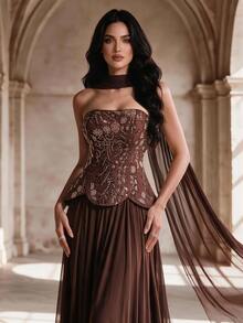 Coutiva Women's Floral Beaded Decor Elegant Cinched Waist Strapless Cocktail Dress - Brown - View 7