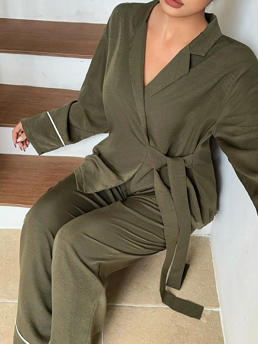 Dazy Plus Autumn/Winter Minimalist Loose Colorblock Patchwork Long Pants 2-Piece Set Loungewear Pajama Set - Army Green - View 1