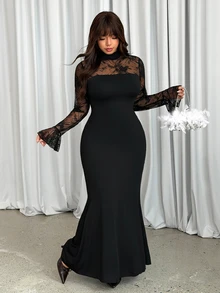 GalTyme Đầm nữ size lớn cổ đứng phối ren tương phản tay loe dáng ôm thanh lịch - màu đen - Xem 1