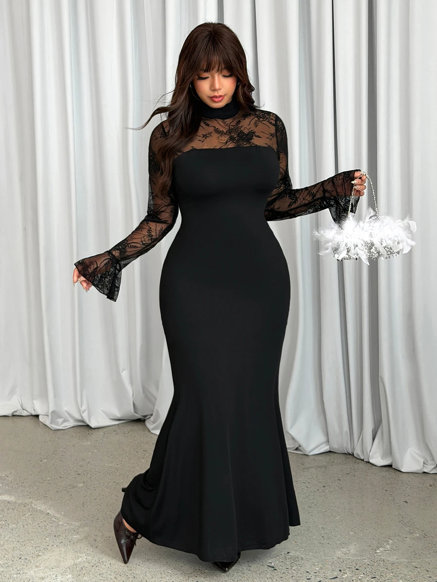 GalTyme Đầm nữ size lớn cổ đứng phối ren tương phản tay loe dáng ôm thanh lịch - màu đen - Xem 1