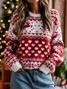 EMERY ROSE Women's All-Over Print Casual Versatile Daily Long Sleeve Sweater - Red - View 1