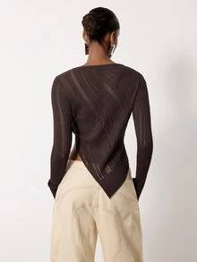 MERLEAU Women's Modern Distressed Design Brown Knit Top, Asymmetrical Hemline - Brown - View 2