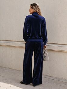 Faunlyn Women's Solid Color Long Sleeve Top And Pants Casual Elegant Daily 2 Pieces Set Lounge Tea Party Navy Blue Autumn Winter Going Out Outfit - Blue - View 3