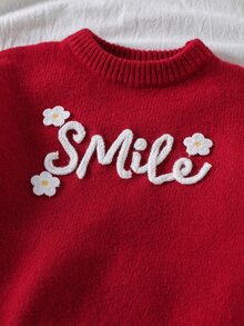 SHEIN Young Girl Solid Color Kids Knit Round Neck Puff Sleeve 3D Embroidered Beaded Loose Casual Autumn Winter Sweater - Red - View 3