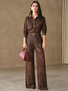 Anewsta Women's Autumn/Winter PU Contrast Lace Blouse - Brown - View 5