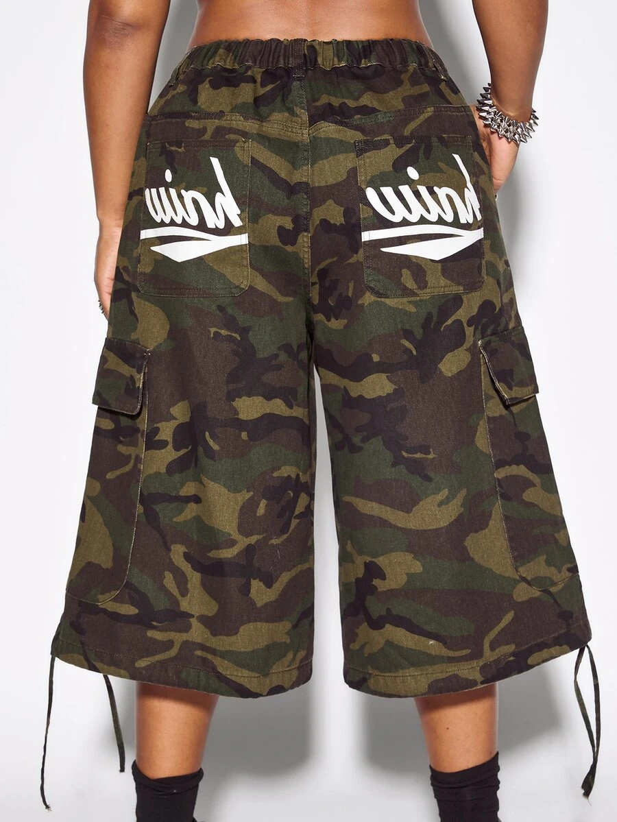 ROMWE Street Life Plus Size Women's Denim Shorts, Loose Multi-Pocket ...