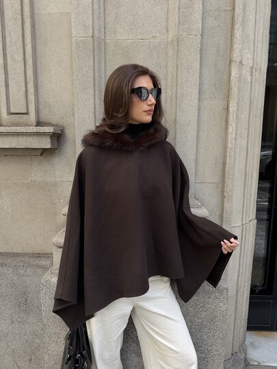 Aloruh Women's Autumn/Winter Elegant Solid Color Patchwork Faux Fur Hooded Cape Overcoat Fur Trim Coat Short Blazer Cape Coat Hooded Cloak Brown Coat