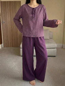 DAZY 2pcs/Set Women's Pajama Set With Bow Pattern All-Over Print Long Sleeve Top And Solid Color Straight Leg Long Pants - Purple - View 3
