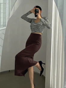 DAZY 女款純色優雅職場直筒開衩鉛筆裙，秋季裙 - 酒紅色 - 查看 3
