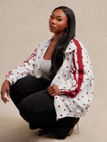 SHEIN SXY Plus Size Women's Polka Dot Casual Everyday Long Sleeve Jacket Fall - Red and White - View 3