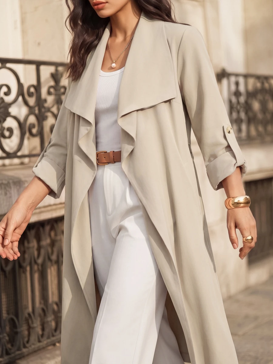Juhart Plus Size Women's Lapel Collar Buttonless Mid-Length Casual Loose Long Sleeve Jacket - Khaki - View 1