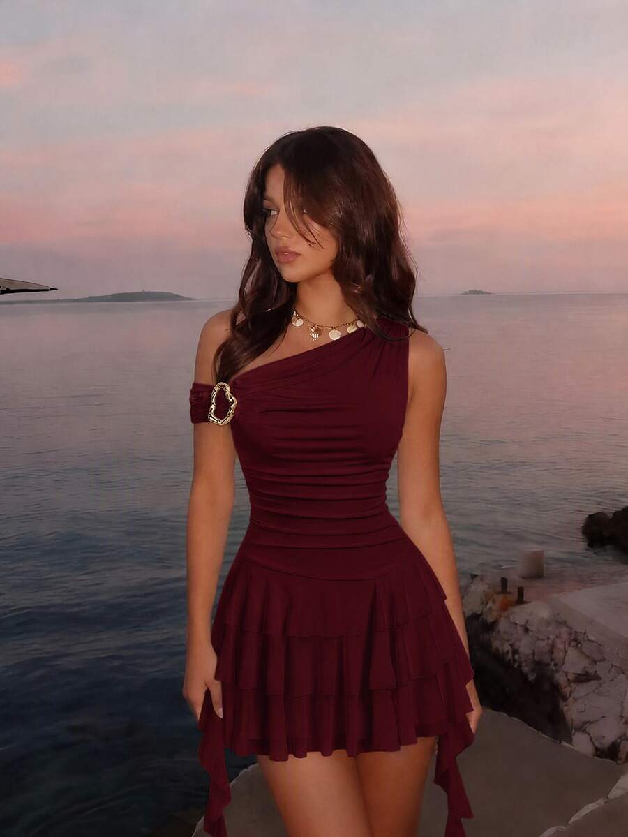 Skyraze Women's Solid Color Metal Design Asymmetrical Shoulder Pleated Ruffle Hem Fashion Mini Dress - Burgundy - View 1