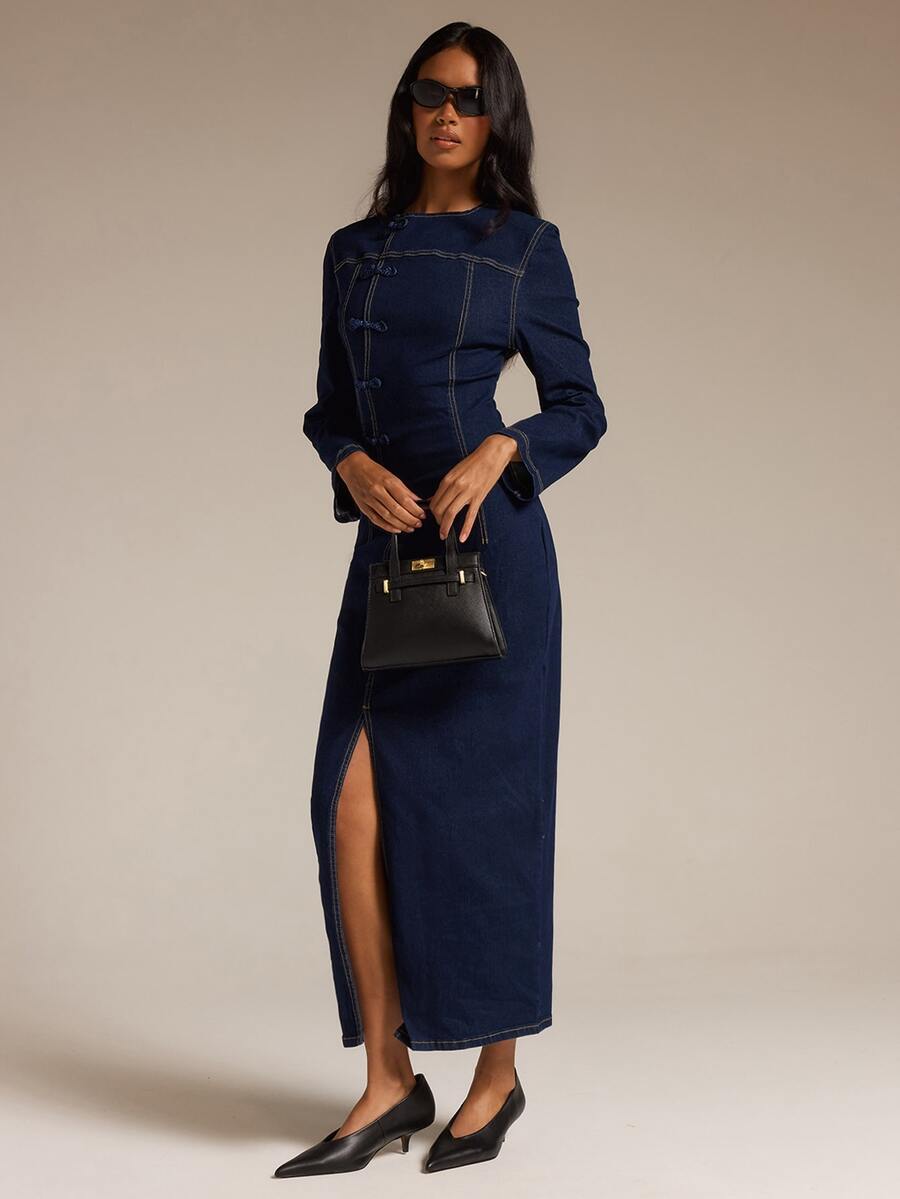 COSMINA Denim Women's Casual Elegant Chinese Style Frog Button Denim Dress - Blue - View 1