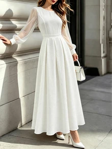 Velvienne Plus Size Women's Mesh Patchwork Pleated Casual Party Dress - White - View 5