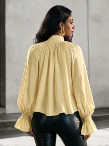 Eryvara Women's Fashionable Elegant Solid Color Ruffle Asymmetric Hem Blouse, Suitable For Vacation, Autumn Brunch, Beach Garden Party And Other Occasions, Light Yellow Tone. - Yellow - View 3