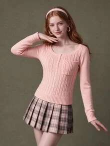 Elnivra Women's Button Half-Placket Long Sleeve Pocket Cable Knit Pullover Sweater - Pink - View 6