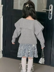 DAZY Young Girl Solid Color Long Sleeve Top And Sequin Shorts Knit Set - Grey - View 2