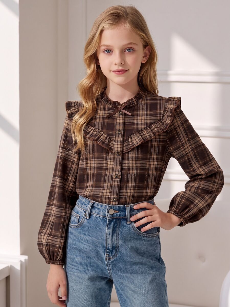 SHEIN Tween Girls Vintage Plaid Ruffle Trim Bow Blouse, Cute School Style Button-Up Long Sleeve Shirt For Fall Casual Outfits & Daily Wear - Brown - View 1