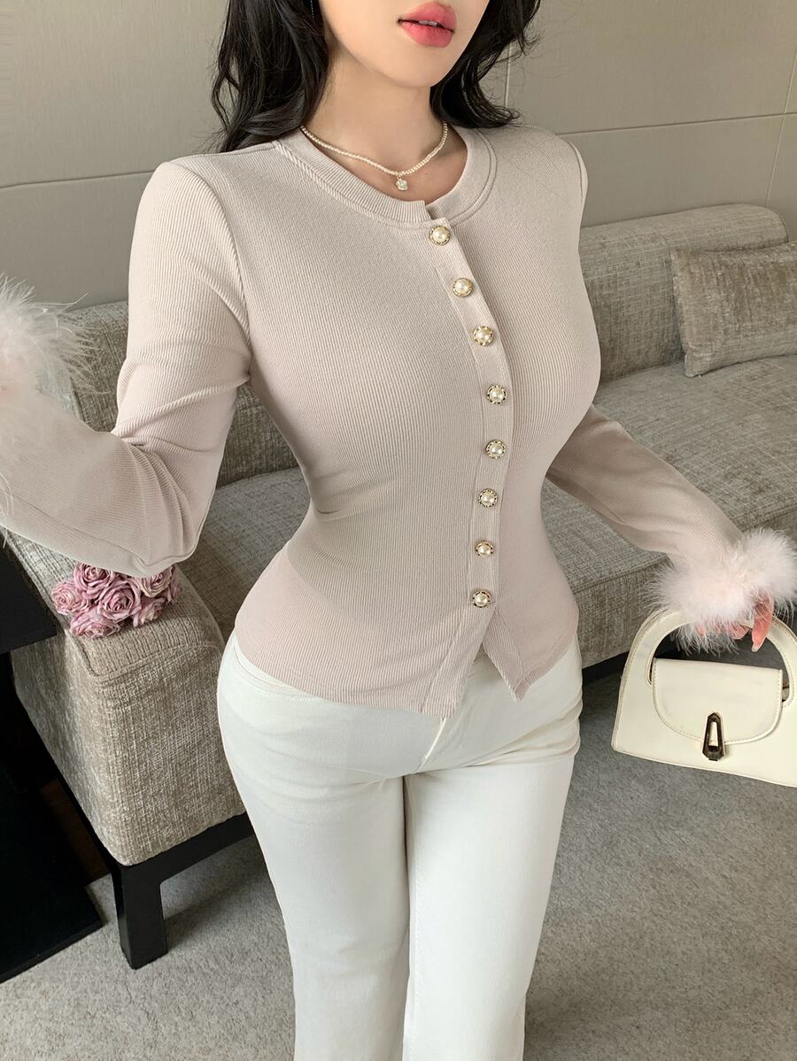 Feyla Women's Solid Color Single-Breasted Patchwork Fur Long Sleeve Fitted T-Shirt - Grey - View 1