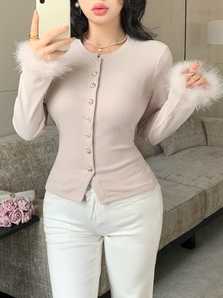 Feyla Women's Solid Color Single-Breasted Patchwork Fur Long Sleeve Fitted T-Shirt - Grey - View 1