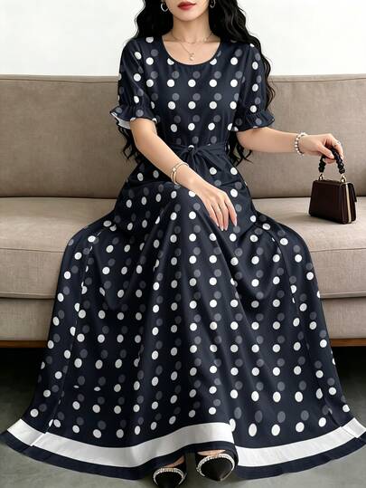 Modelyn Vintage Navy Blue & White Polka Dot Women's Dress, Autumn/Summer Fashion Round Neck Puff Sleeve Ruffle Cuff Waist Tie Cinched Waist Full Skirt Long Dress, Suitable For Casual Daily Street Wear A-Line Skirt
