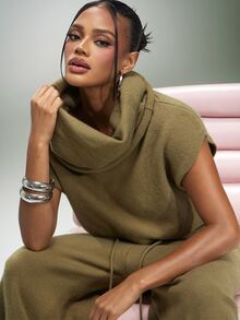 Denimoi High Neck Sleeveless Sweater Fashion Sweaters Cold Weather Fall Winter Cozy Airport Loungewear - Army Green - View 2