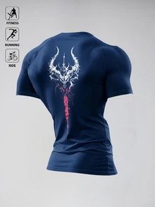 Acti Log Kaos Olahraga Kompresi Lengan Pendek Raglan Pria Warna Hitam dengan Motif Huruf untuk Musim Panas, Cocok untuk Kebugaran, Lari, Bersepeda, dan Gym. - Biru - View 2