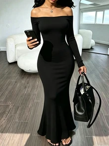 INAWLY Women's Solid Color Off-Shoulder Casual Party Dress - Black - View 3