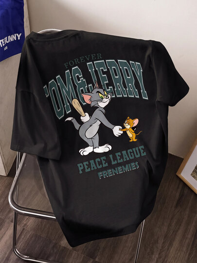 TOM & JERRY X SHEIN تي شيرت كاجوال بأكمام قصيرة مطبوع برسومات كرتونية للرجال