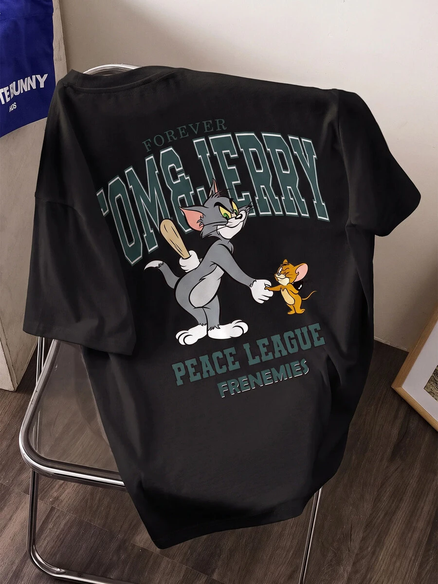 TOM & JERRY X SHEIN 男士卡通圖案印花短袖休閒T恤 - 白色 - 查看 1