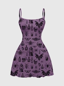 ROMWE Dark Gothic Mori Style Moon Sun Star Sexy Spaghetti Strap Elastic Plus Size Dress - Purple - View 1