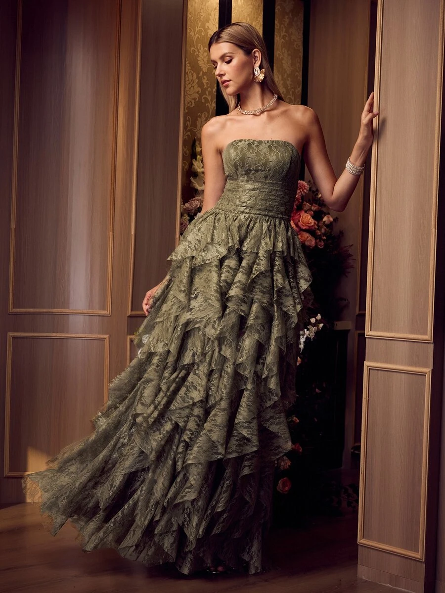 MOTF Soiréza ELEGANT STRAPLESS BACK LACE-UP TIERED RUFFLE LACE MAXI GOWN FOR FORMAL EVENING PARTY, WEDDING, GALAS