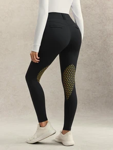 Activina Women's Black Rubber Print & Gold Decorative Buckle Equestrian Leggings - Black - View 2