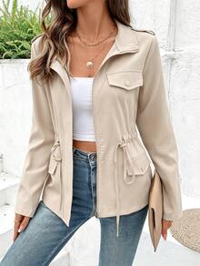 EMERY ROSE Zip-Up Stand Collar Long Sleeve Fitted Jacket Fall Winter Cloth For Women - Apricot - View 6