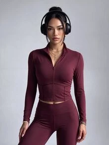 SHEIN Dewbera Women's Solid Color Casual Versatile Daily Travel Sports Jacket - Burgundy - View 3