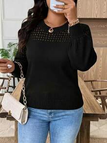 GlowEve CURVE Plus Size Women's Autumn Hollow Out Round Neck Puff Long Sleeve Pullover Knit Top - Black - View 3