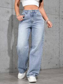 Jeanoix Petite Women's Outdoor Fashion Versatile Petite Blue Wide Leg Jeans - Light Wash - View 5