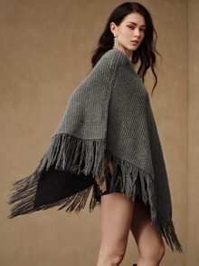 Anewsta French Lazy Ribbed Knit Cape, Tassel Edge Batwing Sleeve Loose Slimming Autumn/Winter Shawl Outerwear - Grey - View 3