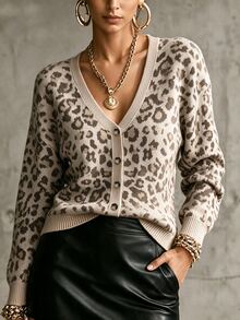 SHEIN Women V-Neck Leopard Print Knit Cardigan, Long Sleeve Button Front Drop Shoulder Loose Knit Jacket - Multicolor - View 1
