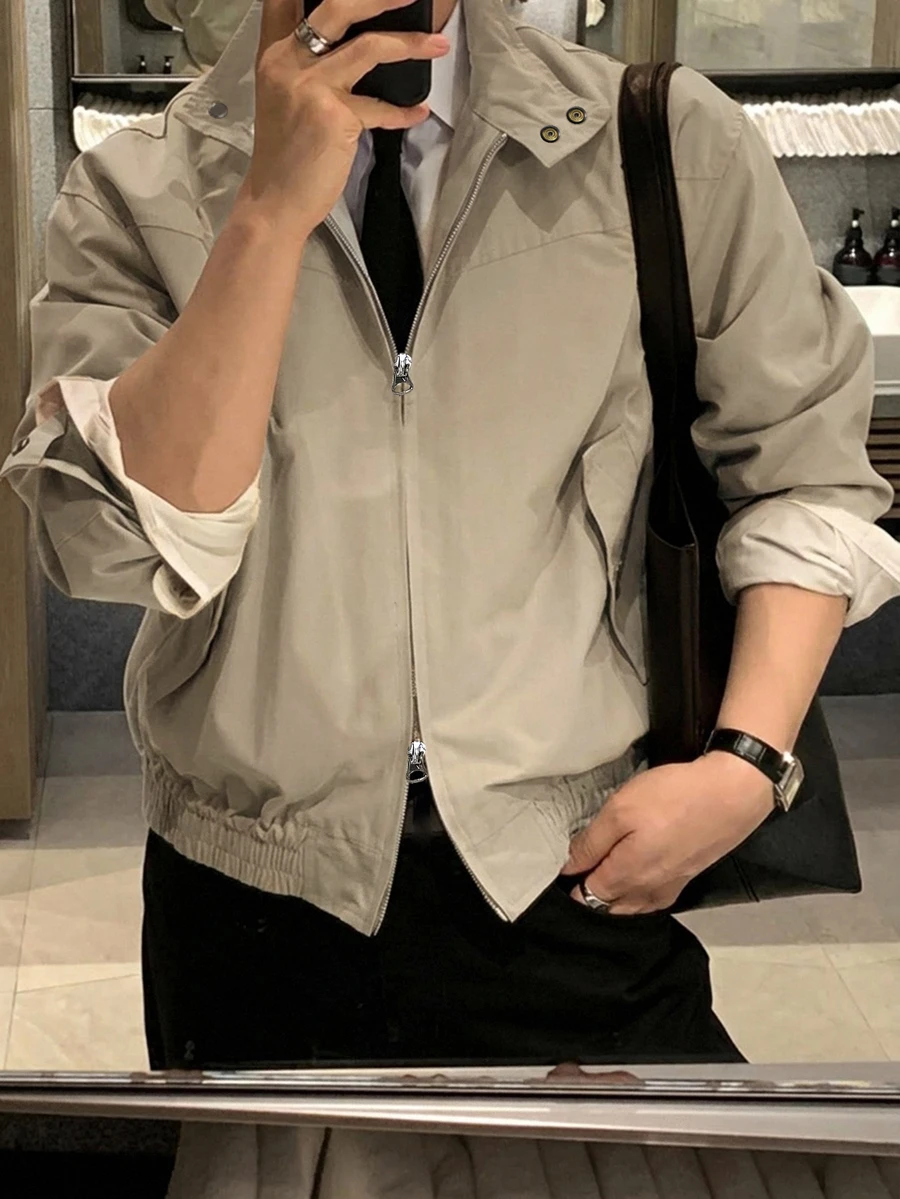 DAZY Spring/Autumn Solid Light Khaki Stand Collar Double Zipper Men's Jacket - Khaki - View 1