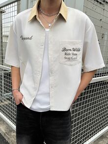 Manfinity Roghcode Men's Letter Print Short Sleeve Single-Breasted Casual Shirt - Beige - View 5